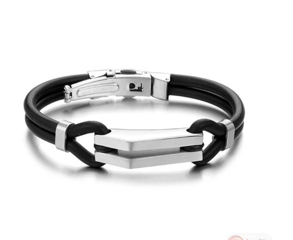 Brand New Fashion Jewelry N522 Unisex Men Stainless Steel Rubber Silicone Bangle Bracelet Black Silve 8