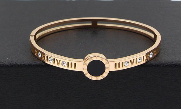 New six diamond hollow Roman numerals black round cake bracelet Fashion tide girls wild titanium steel bracelet