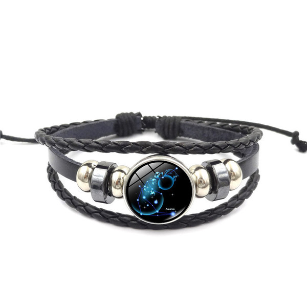 Hot sale 12 constellation deisgn Alloy glass Charm braided leather Rope Bangle For women men Fashion Jewelry in Bulk