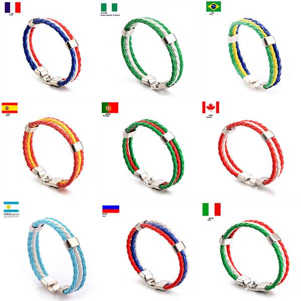 wholesale PU woven bracelet different national flag color alloy buckle leather bracelet World Cup national bracelet