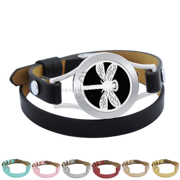 7 color Genuine Leather Magnet Steel Dragonfly 25mm Aroma Locket Stainless Steel Bangle Essential Oils Diffuser Locket Leather Bracelet