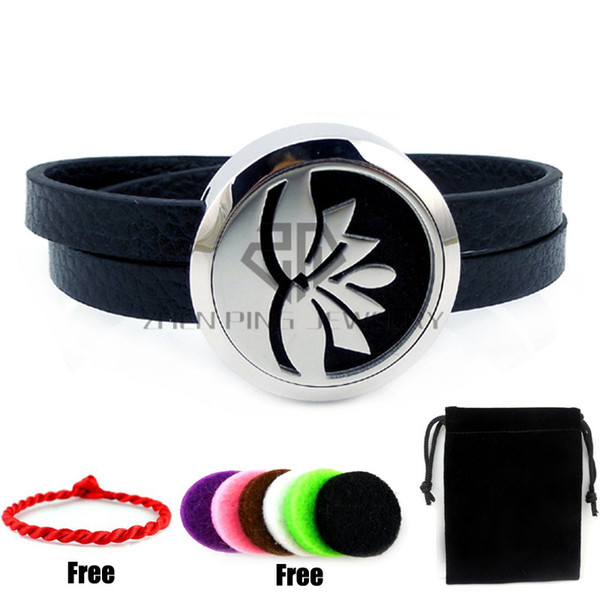 Silver Lotus (25-30mm) with Black Genuine Leather Perfume Locket Bangle Essential Oils Diffuser Locket Leather Bracelet