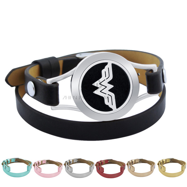 Wonder Woman 25mm With Magnet Black Genuine Leather Aroma Locket Stainless Steel Bangle Essential Oils Diffuser Locket Bracelet