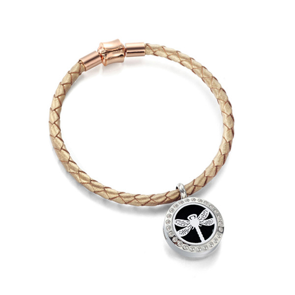20mm Dragonfly Essential Oil Diffuser Locket Bracelet Genuine Braid Leather OM Crystal Magnetic Locket Perfume Diffuser Bracelets