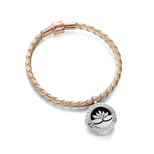 20mm Lotus Perfume Diffuser Bracelet Tree of Life Crystal Essential Oil Diffuser Locket Genuine Leather Bracelets