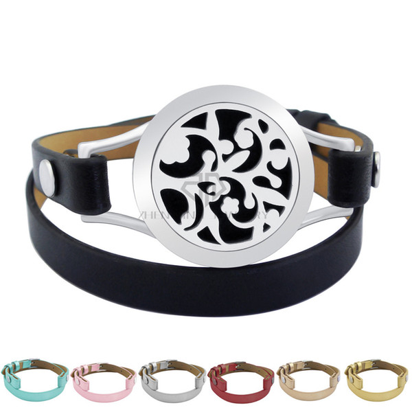 Silver Flower 25mm Black Genuine Leather Aroma Magnetic Locket Stainless Steel Bangle Essential Oils Diffuser Locket Leather Bracelet