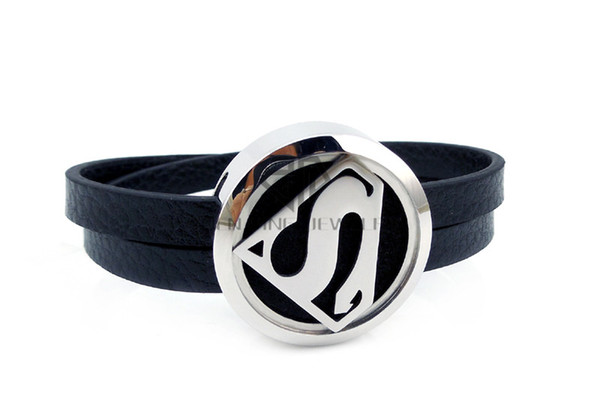 Silver Super Man (25-30mm)with Black Genuine Leather Aroma Locket Bangle Essential Oils Diffuser Locket Leather Bracelet