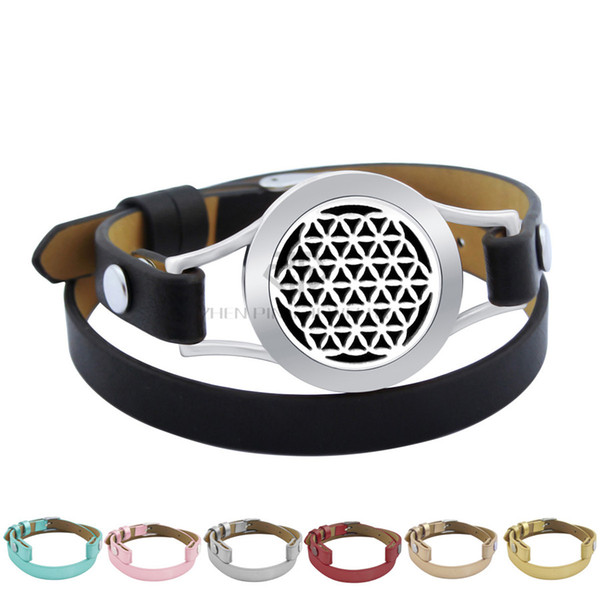 Seed of life Silver 25mm Black Genuine Leather Aroma Locket Stainless Steel Bangle Essential Oils Diffuser Locket Leather Bracelet