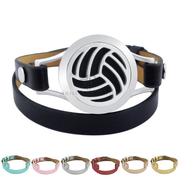 Magnet Steel Volleyball 25mm Black Genuine Leather Aroma Locket Stainless Steel Bangle Essential Oils Diffuser Locket Leather Bracelet
