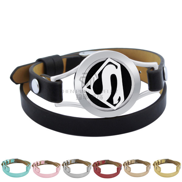 Aromatherapy Locket Stainless Steel Bangle Superman Genuine Leather Magnetic 25mm Essential Oils Diffuser Locket Leather Bracelet