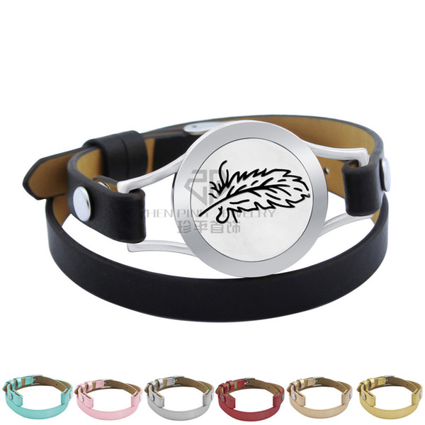 25mm Feather Genuine Leather Magnet Steel Color Aromatherapy Locket Stainless Steel Bangle Essential Oils Diffuser Locket Leather Bracelet