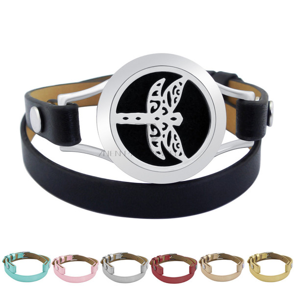 Magnet Steel Dragonfly 25mm Black Genuine Leather Aroma Locket Stainless Steel Bangle Essential Oils Diffuser Locket Leather Bracelet