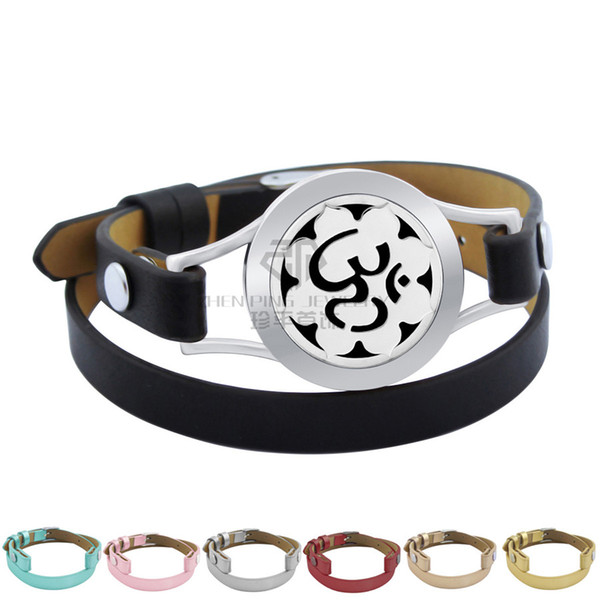 Genuine Leather Magnet Steel OM Flower 25mm Aromatherapy Locket Stainless Steel Bangle Essential Oils Diffuser Locket Leather Bracelet