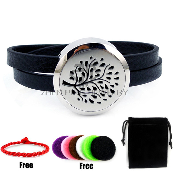 Round Silver Tree (25-30mm) with Black Genuine Leather Locket Aromatherapy / Essential Oils Diffuser Locket Leather Bracelet