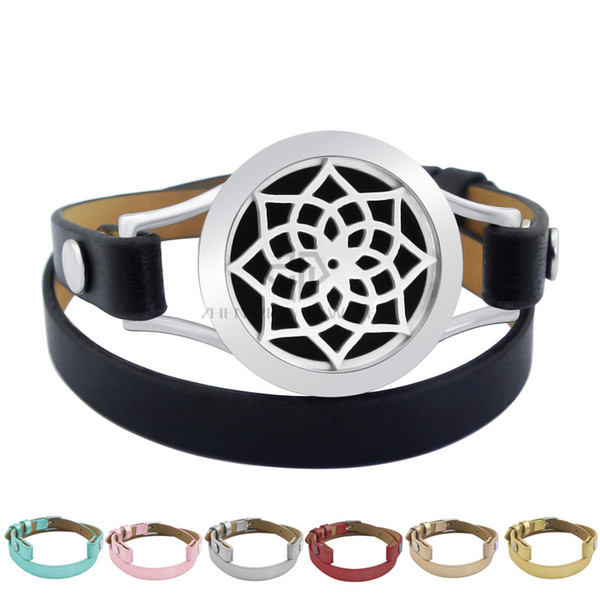 Magnet Steel Lotus 25mm Black Genuine Leather Aroma Locket Stainless Steel Bangle Essential Oils Diffuser Locket Leather Bracelet