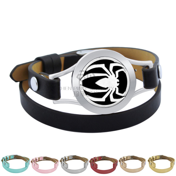 Spider Design Aromatherapy Locket Stainless Steel Bangle Genuine Leather Magnetic 25mm Essential Oils Diffuser Locket Leather Bracelet