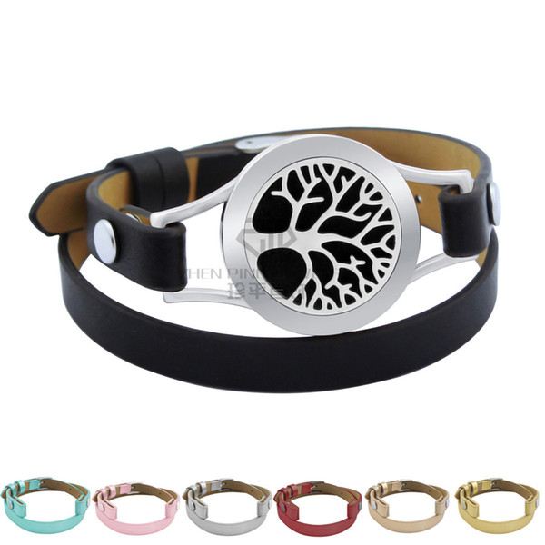 Aromatherapy Tree Locket Stainless Steel Bangle Genuine Leather Magnetic 25mm Essential Oils Diffuser Locket Leather Bracelet