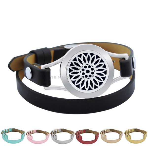 Magnet Steel Sunflower Dove 25mm Black Genuine Leather Aroma Locket Stainless Steel Bangle Essential Oils Diffuser Locket Leather Bracelet