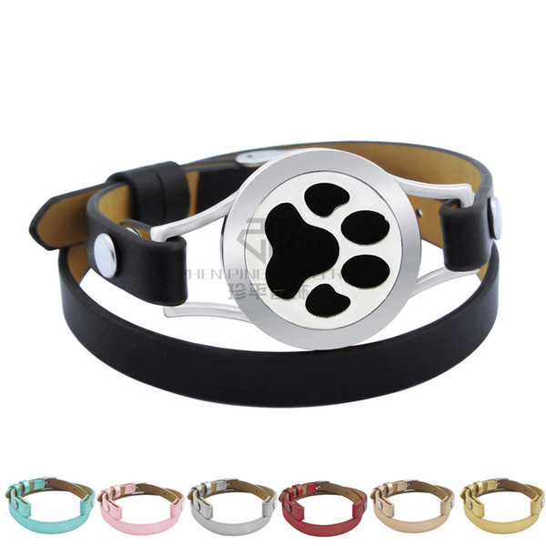 Paw Aromatherapy Locket Stainless Steel Bangle Genuine Leather Magnetic 25mm Essential Oils Diffuser Locket Leather Bracelet