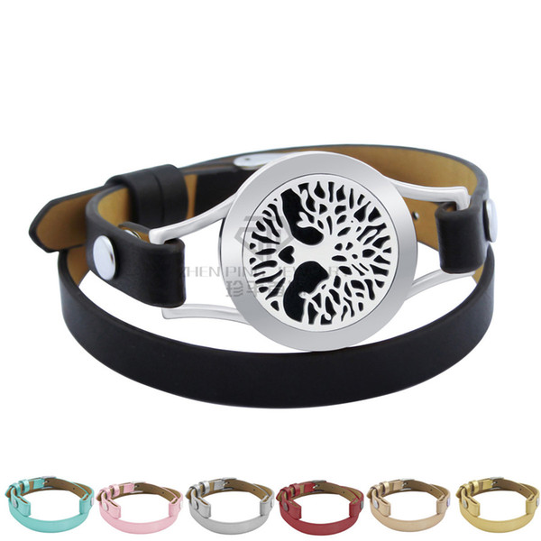 Tree Desgin 7 Color Genuine Leather Magnet Steel 25mm Aroma Locket Stainless Steel Bangle Essential Oils Diffuser Locket Leather Bracelet