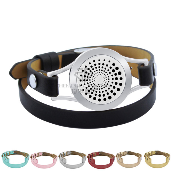 With Magnet Spiral 25mm Black Genuine Leather Stainless Steel Bangle Essential Oils Diffuser Locket Leather Bracelet