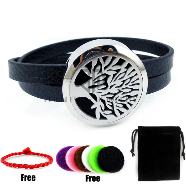 Round Silver Tree of Life (25-30mm) with Genuine Leather Aromatherapy / Essential Oils Diffuser Locket Leather Bracelet Jewelry