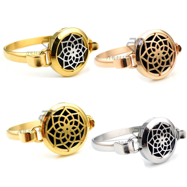 Round Silver and Gold Lotus Flower (25-30mm) with Circle Band Aromatherapy / Essential Oils Diffuser Locket Bangle Jewelry
