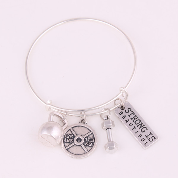 Strong Is Beautiful Fitness Gym Barbell Dumbbell Weight Pendant Expandable Wire Bangle Adjustable Man And Woman Jewelry