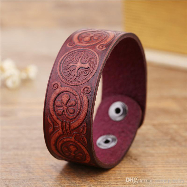 New Arrival Handmade Vintage Brown Tree Of Life China Lucky Knot wide Cuff Wristband Retro Male Viking Jewelry Men leather