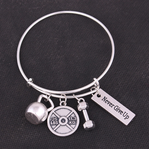 Fitness Weight Bracelet Faith Belief Letters Lettering Never Giver Up Dumbbell Barbell Kettle-Bell Pendant Expandable Wire Adjustable Bangle