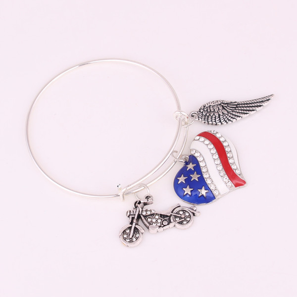 Apricot Fu Motorcycle Heart-shaped American flag wing Charm Adjustable Brass Wire Bangle Pendant Bracelet Fashion Jewelry Gift