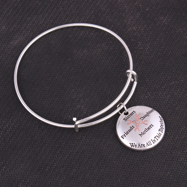 Breast Cancer Awareness Ribbon Sisters Friends Daughters Mothers We Are In This Together Charms Wire Adjustable Bangles Jewelry