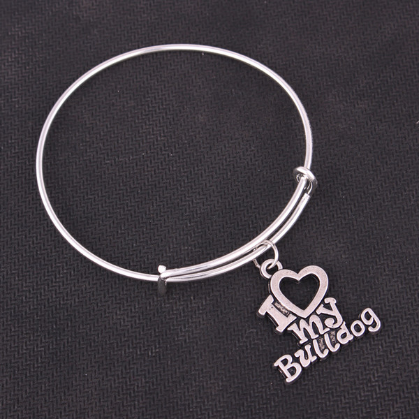 Antique Sliver Plated I LOVE MY BULLDOG Charm Pendent Expandable Adjustable Wire Bangle Jewelry For Woman Man Trade Assurance Service