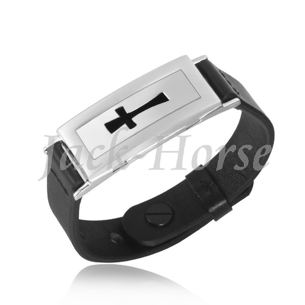 Newest Mens and women Rectangle Cross with Black Leather 316L Stainless Steel Essential Oils Diffuser Locket Bracelet with pads #mms
