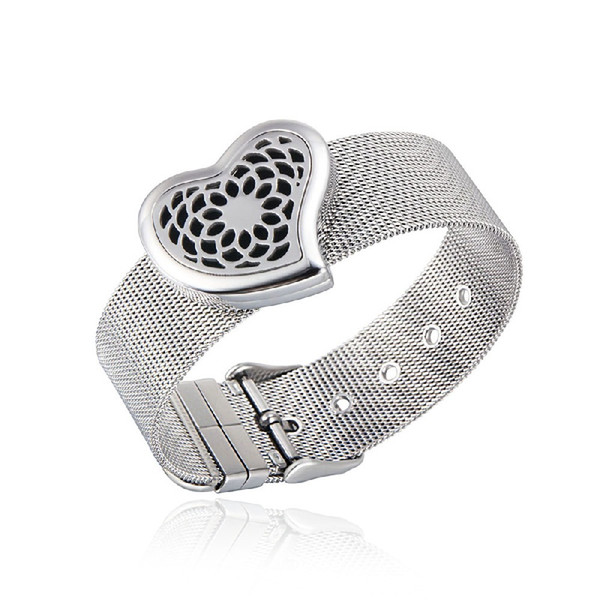 2017 New trendy Tree of life and flower heart shape Essential Oil Diffuser Pendant bracelet 316L Stainless Steel Mesh Bangle #mms