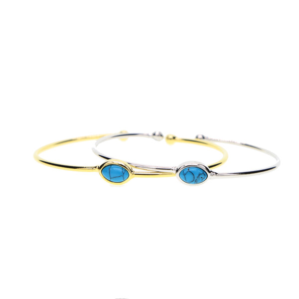 open adjust size 58-60mm classic simple bangle design single turquoise gemstone 18k gold open cuff bangle bracelet