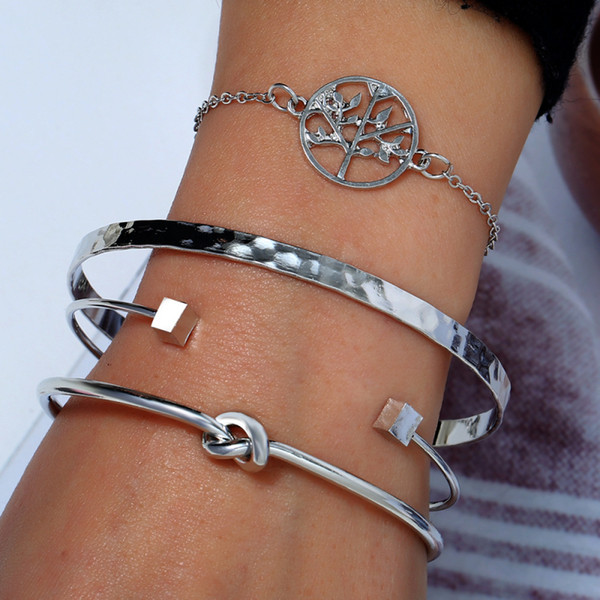 Vintage Life Tree Bracelet Geometric Open Adjustable Alloy Bangle Women Simple Silver Plated Cuff Bracelets Set Fashion Jewelry Accessories
