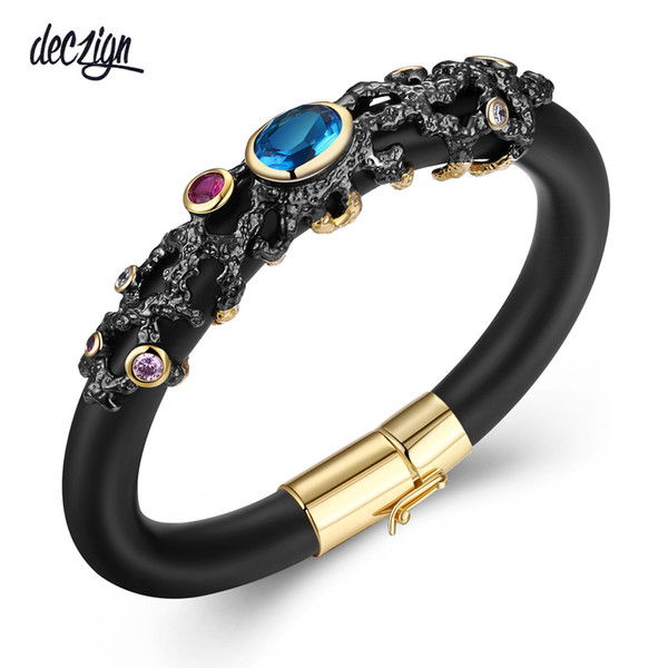 Deczign Neo Gothic Rubber Black Gold Muti Color Zircon Bangle for Women Wholesale Pulseira Feminina Armbandjes B02