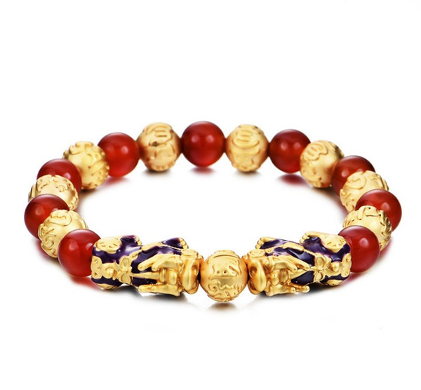 Imitation Gold Feng Shui Double Pixiu Bracelet Natural Red Agate Buddha Bead Bracelet Mascot Animal Jewelry