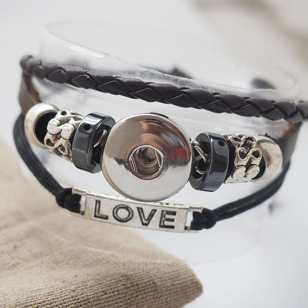 handmade black Love snap leather Bracelets Fit Snaps Buttons 18mm adjustable knot Free Shipping giger snap jewelry
