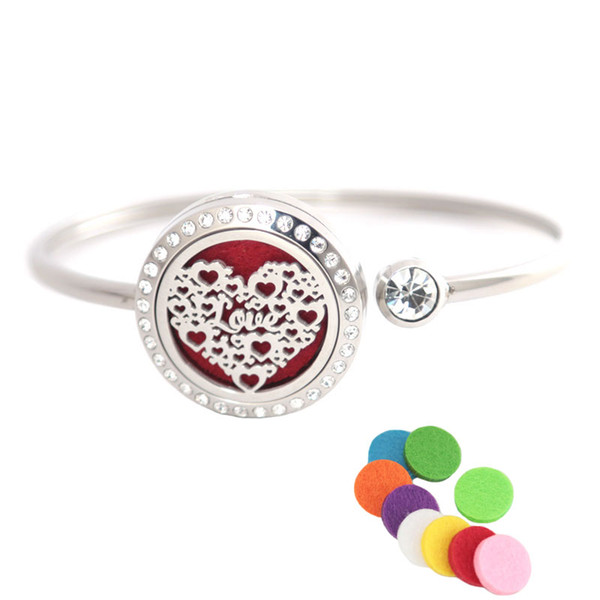 Love 25mm Crystal Stainless steel Aromatherapy locket Bracelet Bangle essential oil diffuser locket bracelet with 10pcs Felt pads