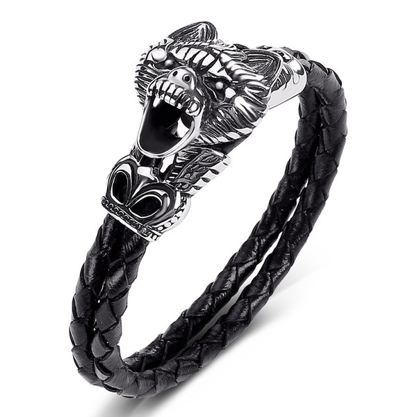 Stainless Steel Bracelet & Bangle For Men Jewelry Black Genuine Leather Woven Rope Chain Wolf Head Bracelets Retro Gift Pulseira