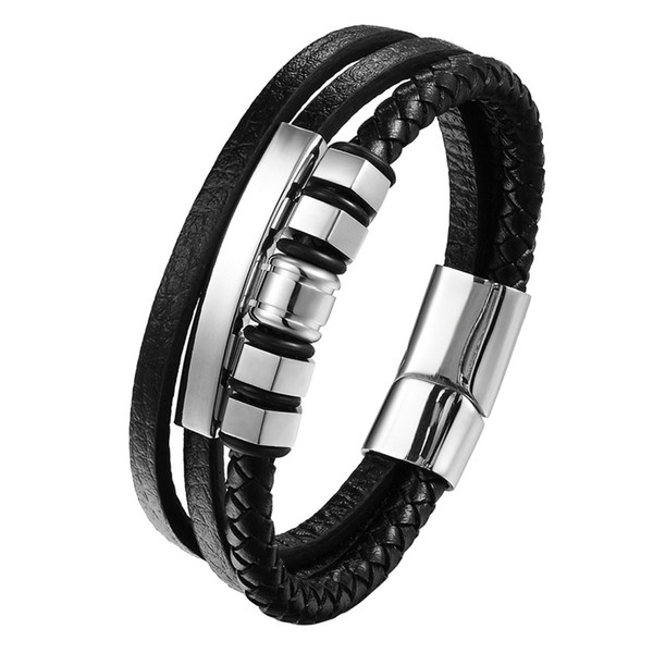 Stylish Stainless Steel Bracelet & Bangle silvery Bracelet Charm Genuine Leather Man Vintage Jewelry 2018 Hot Sale