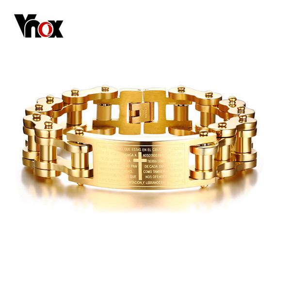 Vnox 17.5MM Wide Heavy Men's Bible Cross Bike Chain Bracelet Gold Tone Stainless Steel Motorcycle Bicycle Braslet Male Jewelry