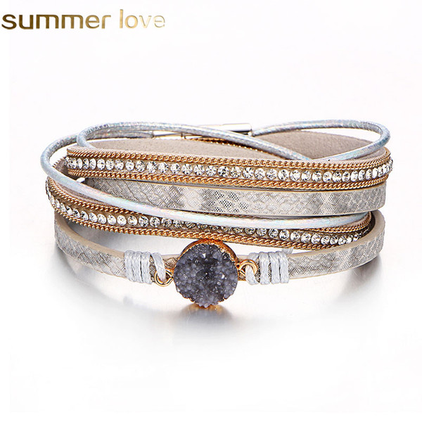 Fashion Multilayer Leather Bracelet Women Vintage Stone Crystal Wrap Cuff Bangle Magnetic Clasp Handmade Wristband Jewelry