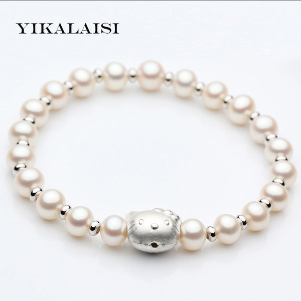 YIKALAISI 2017 Charm Bracelet Pearl Jewelry Hello Kitty Bracelet 100% Natural Freshwater Pearl For Women for girls