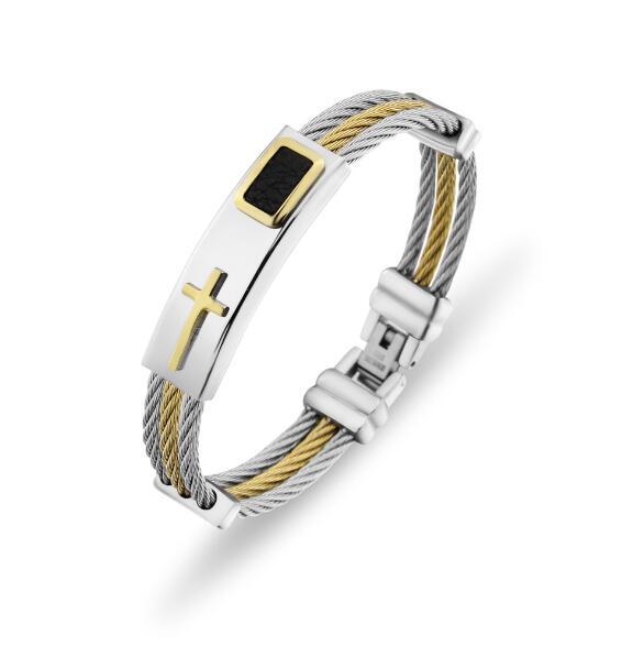2017 New Gold Jesus Cross Bracelet Men Jewelry Stainless Steel Mens Rock Bracelets & Bangles Leather Pulseira Masculina