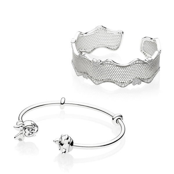 NEW 100% 925 Sterling Silver New597704CZ LACE OF LOVE BANGLE 597494 Cartoon Fairy Tale Classic Open Bracelet Original
