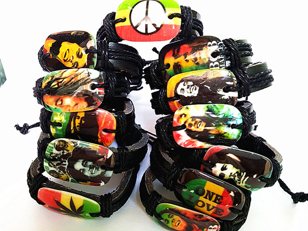 Brand New 24PCs Bob Marley Jamaica Reggae Rasta Fashion Black Leather Bracelets men's women's wholesale lots