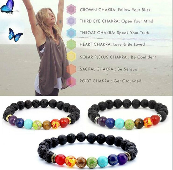 Men Women 8mm Lava Rock 7 Chakras Aromatherapy Essential Oil Diffuser Bracelet Braided Rope Natural Stone Yoga Beads Bracelet Bangle